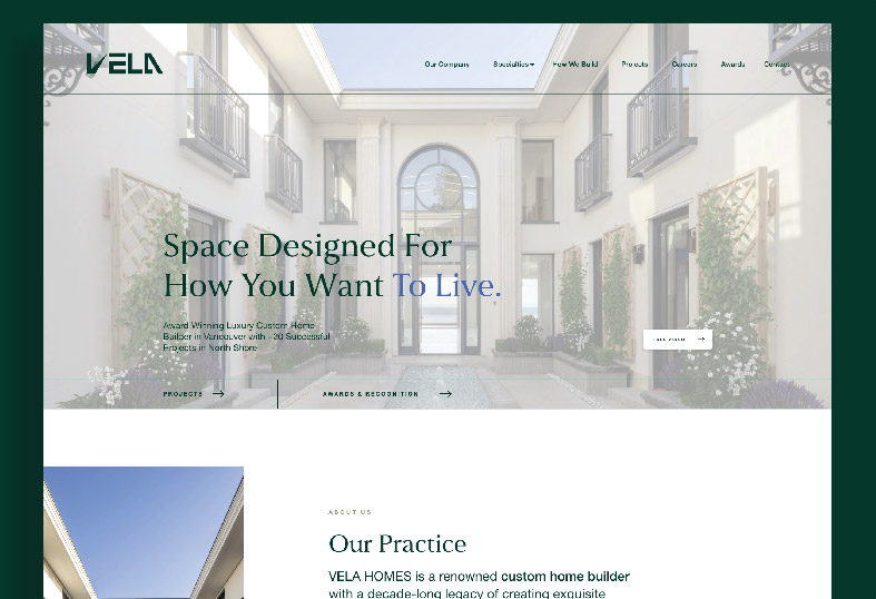 Vela Homes website design