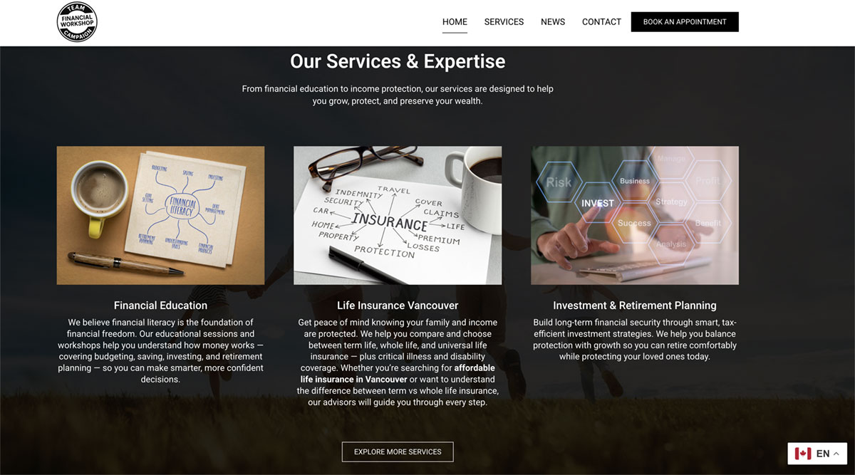 Financial services website designed by Webbyzin, web design Burnaby